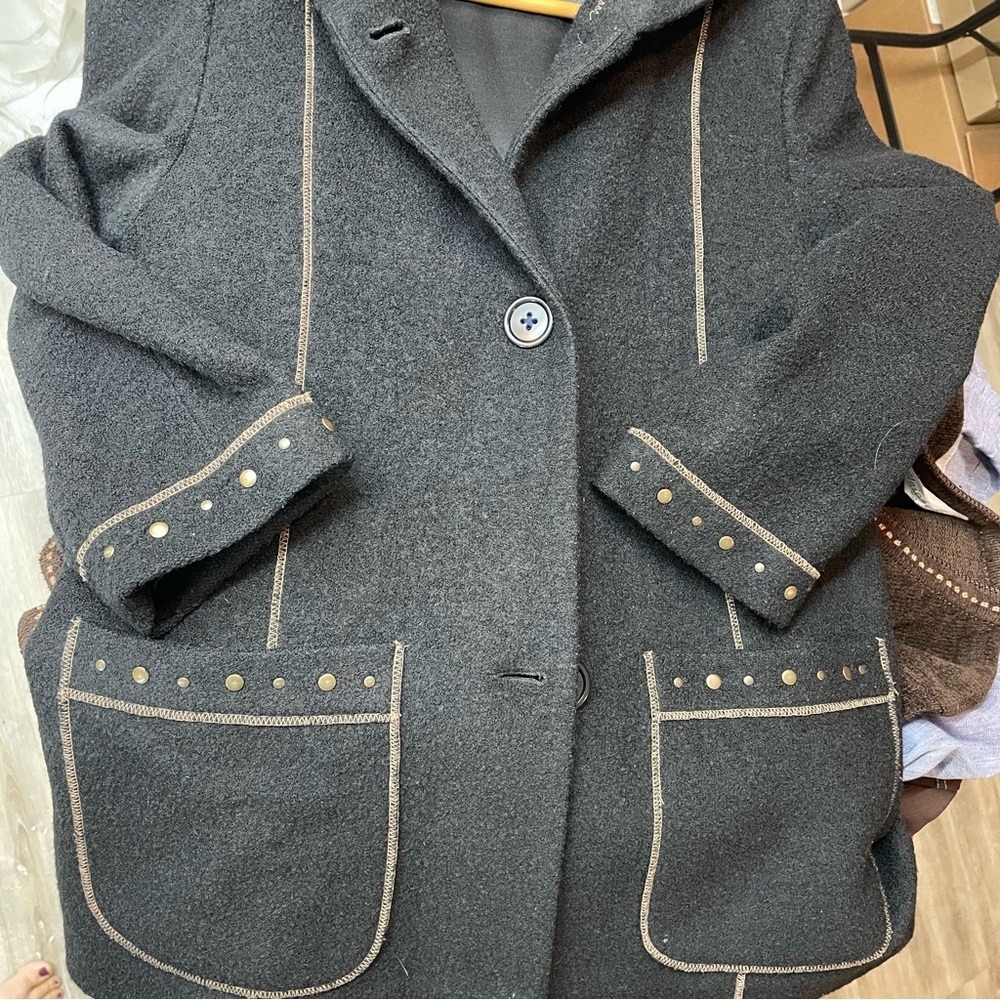 Novelti Petite Wool Blend Hooded Coat Womens Medium Black Studded 0818PL - Picture 8 of 8